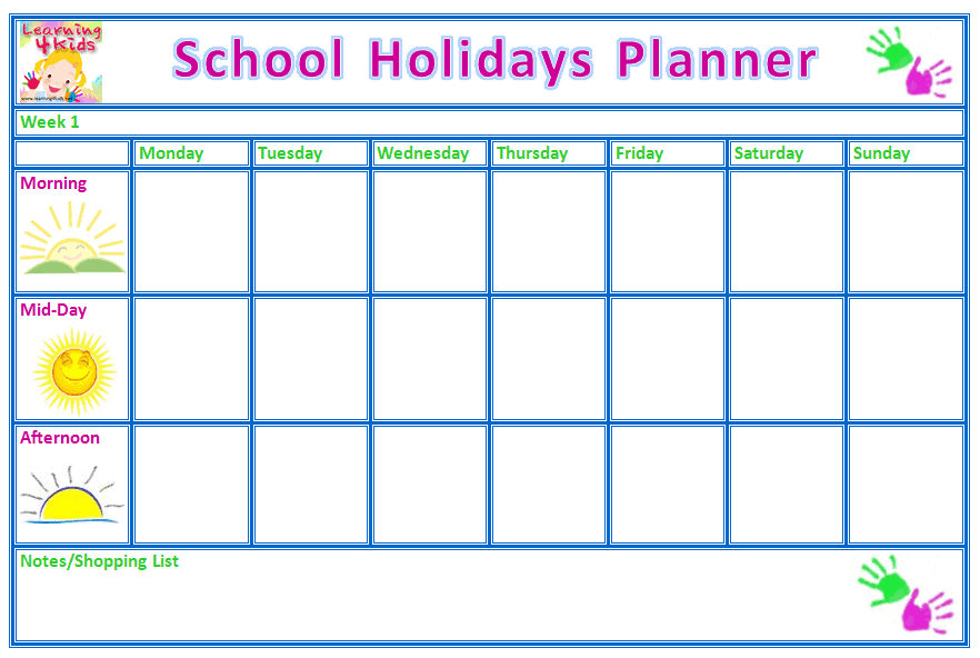 free printable school holiday planner learning 4 kids