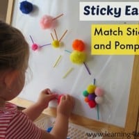 Play opportunity using a sticky easel, match stick and pompoms. Lots of great ideas!