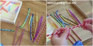 Fun Fine Motor Activity Threading Pipe Cleaners with Straws