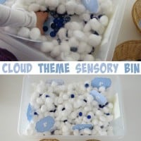 Cloud theme sensory bin- cotton wool clouds and blue gems for rain by learning 4 kids