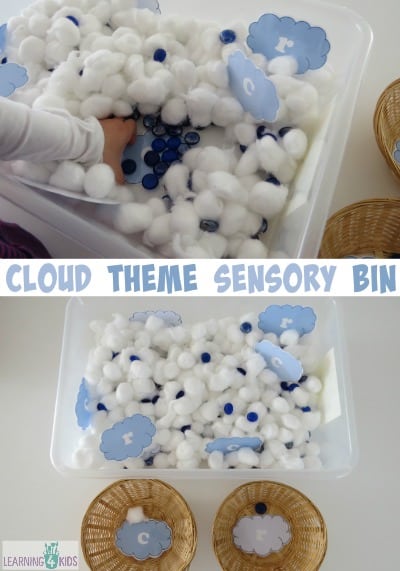 Cloud theme sensory bin- cotton wool clouds and blue gems for rain by learning 4 kids