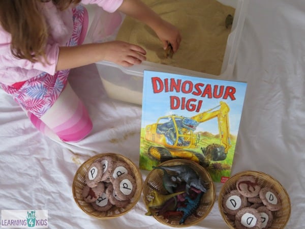 D is for Dinosaur Dig - digging for homemade dinosaur fossils by learning 4 kids