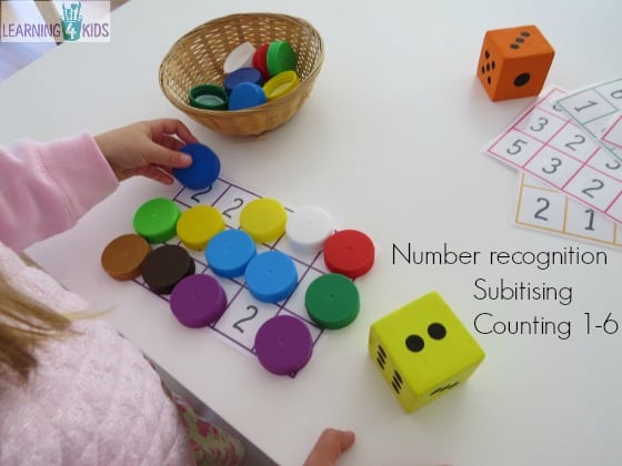 Number recognition, subitising and counting numbers 1-6 dice game for early years