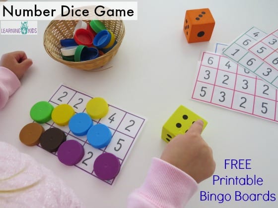 Subitising number and dice game - free printable bingo mats by learning 4 kids