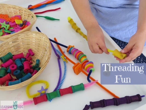 Threading Fun Activities for Kids using spools, buttons and pipe cleaners by learning 4 kids