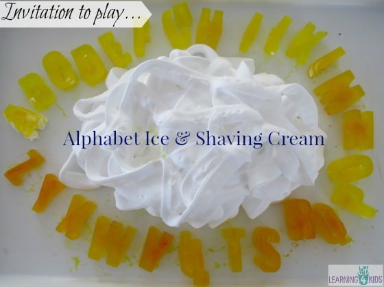 invitation to play with alphabet ic and shaving cream - sensory play by learning 4  kids