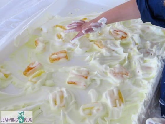 sensory play with shaving cream and alphabet ice by learning 4 kids