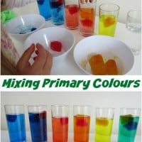 Learning about Mixing Primary colours Activity using melting coloured ice blocks