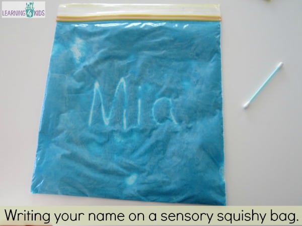 Name activity - writing your name on a sensory squishy bag