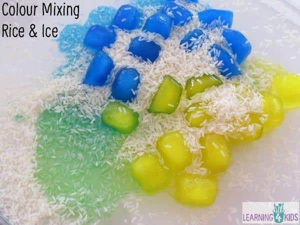 Colour Mixing with Rice and Ice - great activity to demonstrate mixing primary colours