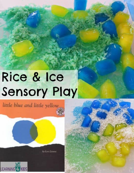 Rice and Ice Sensory Play -learn about rhyming words, absorption and colour mixing.