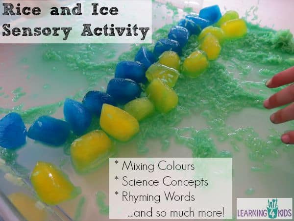 Rice and ice sensory activity - mixing colours, rhyming words and science concepts!