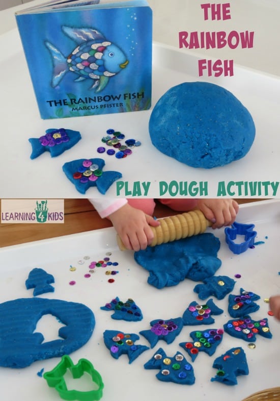 The Rainbow Fish by Marcus Pfister inspired activity - using play dough and sequins to re-create the story