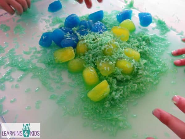rice and ice sensory fun - an activity inspired by the book Little Blue and Little Yellow by Leo Lionni