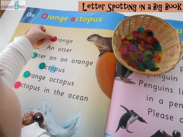 Letter Spotting in a big book - super fun reading activities for kids