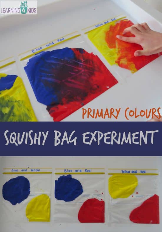 Mixing Primary colours squishy bag experiment - follow on activity from the book Little Yellow and Little Blue