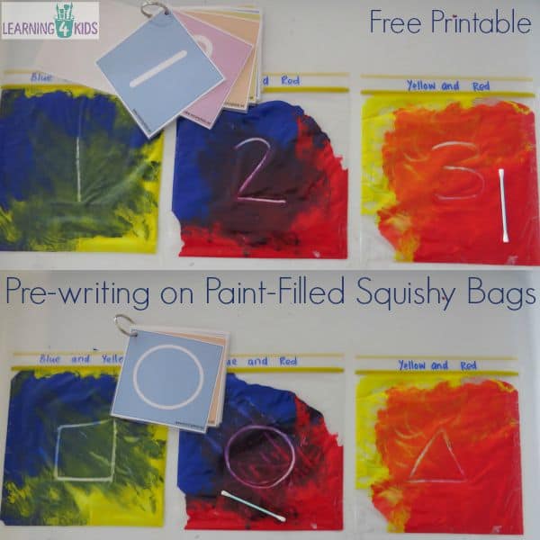 Pre-writing on paint filled squishy bags with free printable.