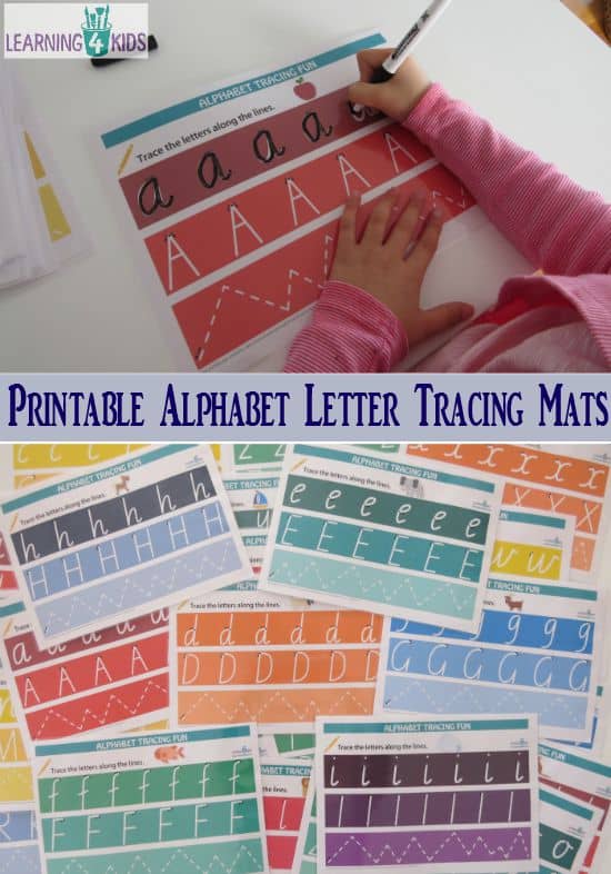 Printable Alphabet Letter Tracing Mats avalable in two fonts - fun rainbow theme and matching pictures