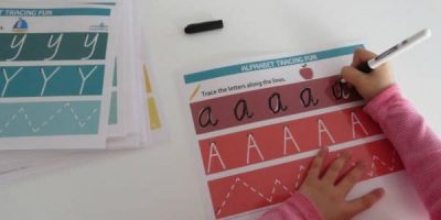 Printable alphabet letter tracing mats available in 2 fonts. Fun rainbow theme.