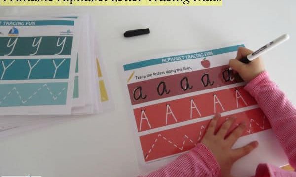 Printable alphabet letter tracing mats available in 2 fonts. Fun rainbow theme.