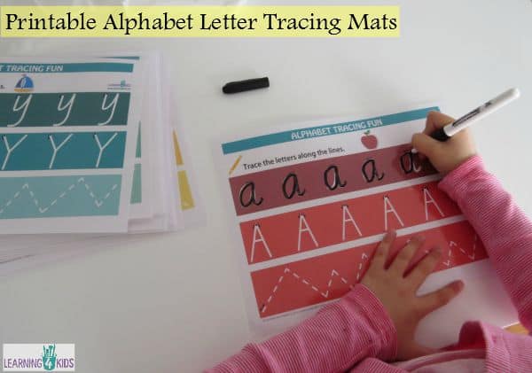 Printable alphabet letter tracing mats Saatavilla 2 fonttia. Hauska sateenkaariteema.