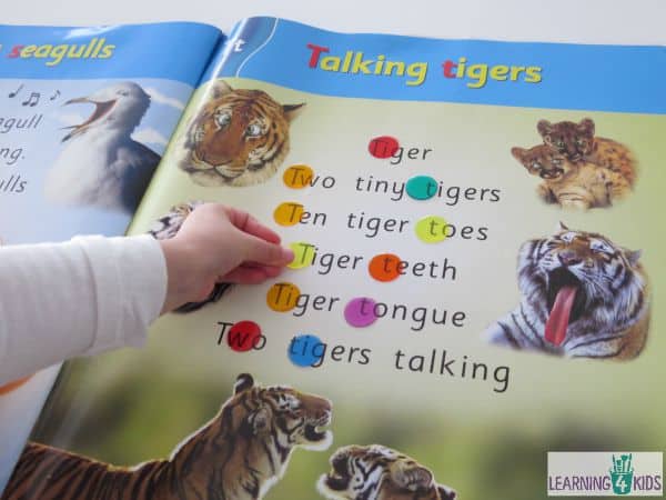 Spotting letters, blends and sight words in big books with transparent counters
