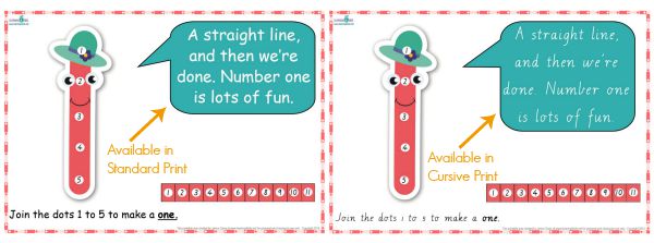 Dot-to-dot number rhyme charts in two fonts, standard and cursive print