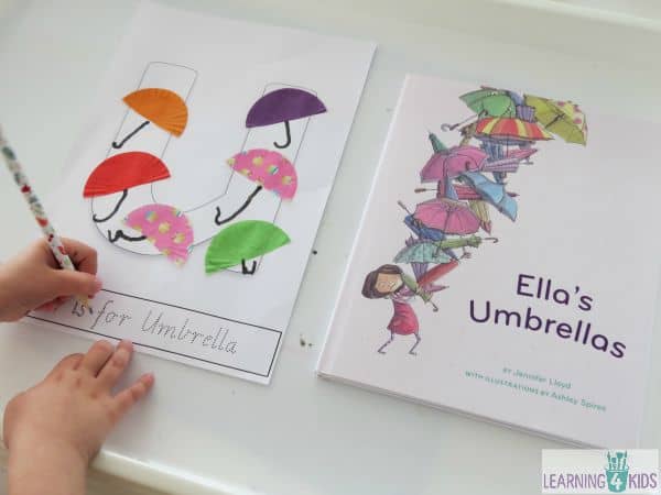 Ella's Umbrellas - letter U activity with printable letter U