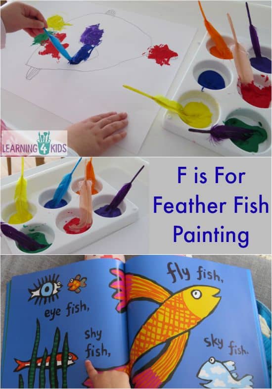 F is for feather fish painting - letter F activity inspired by the story Hooray for Fish by Lucy Cousins
