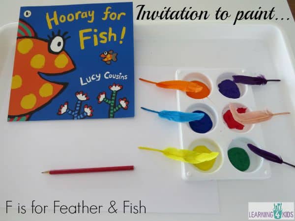 Invitation to paint - f is for feather and fish.  Painting with feathers