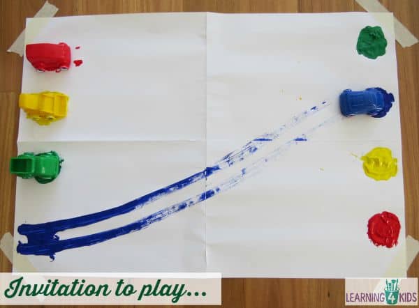 Invitation to play with colours - matching coloured paint with toy cars