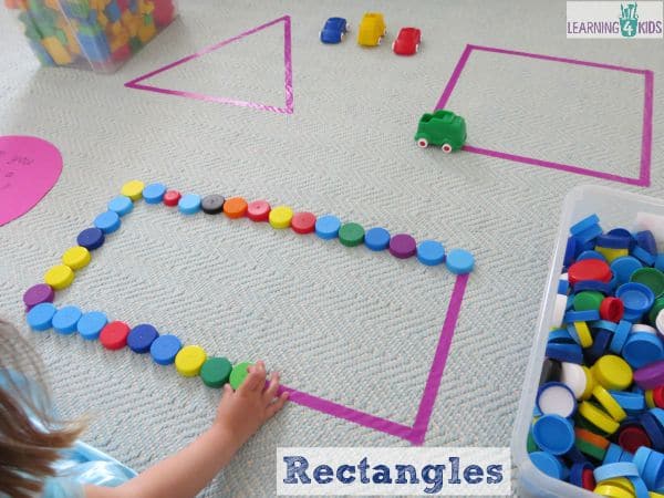 Making rectangles with bottle tops - super simple and fun shape activities for kids
