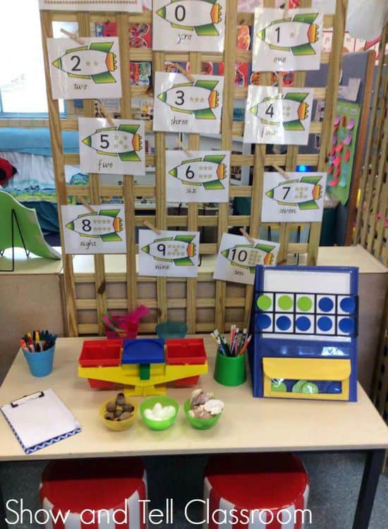 Maths provocation to investigate heaviest and lightest, making combinations to 10. Image credit Rob n Jules