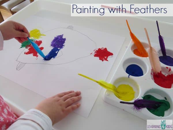 Painting with Feathers - F is for fish and feathers. Art activit inspired by the story Hooray for Fish by Lucy cousins