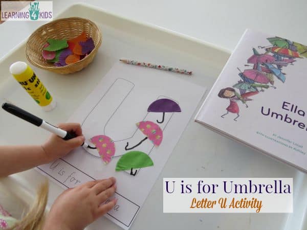U on sateenvarjo - kirjaimen U-aktiviteetti tarinan inspiroimana Ellan sateenvarjot
