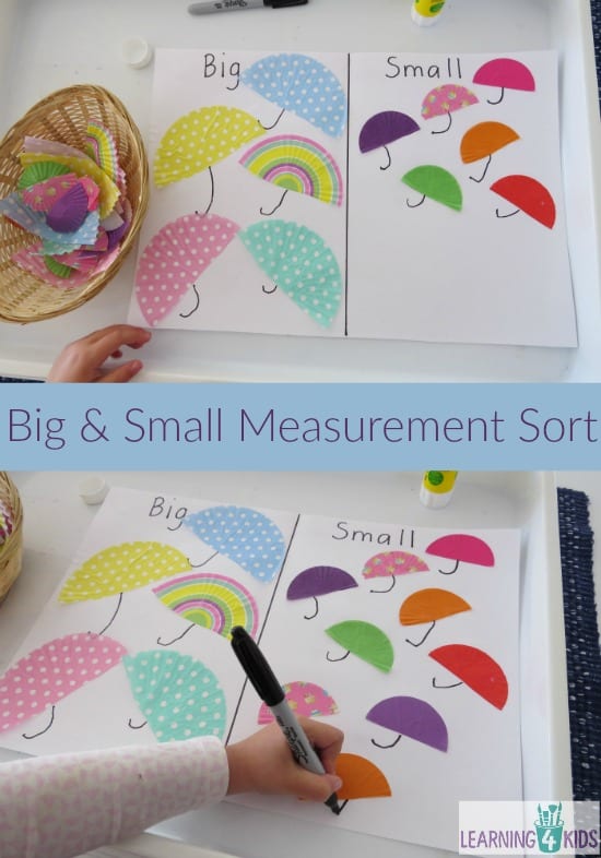 Big and Small Measurement Sort - making umbrellas with cupcake cases