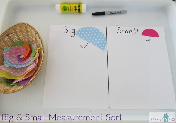 Invitation to play - big and small measurement sort activity