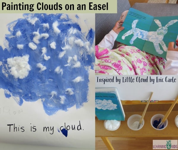 Painting Clouds on an Easel - inspired by Little Cloud by Eric Carle. letter C activity, cloud activities and easel activities