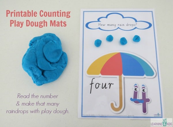 Printable counting play dough mats - read the number and make that many raindrops with play dough