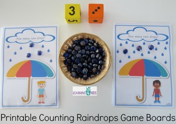 Printable counting raindrops game boards - great for subitising and can also be used as play dough mats