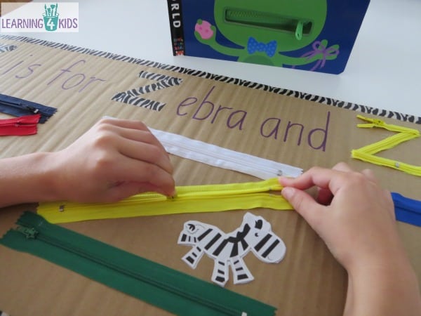 learning the ABC letter z activity - z is for zipper and zebra