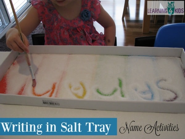 list of name activities - writing in a rainbow salt tray