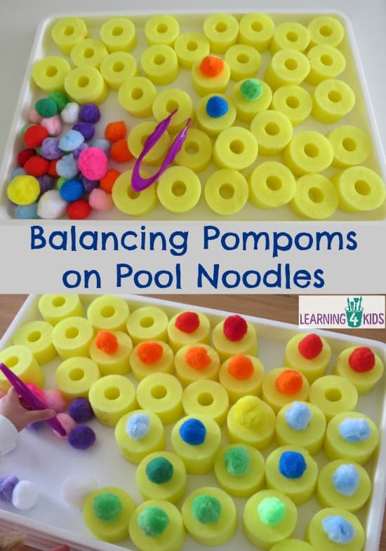Balancing Pompoms on Pool Noodles - fine motor activities