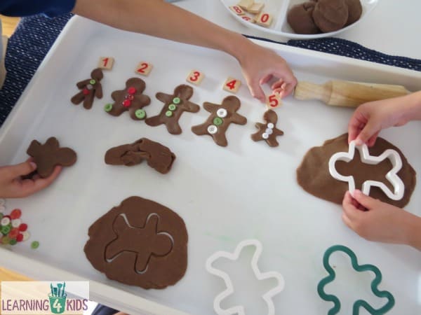 Book inspired activity 10 Gingerbread Men by Ruth Galloway - children re-create gingerbread play dough and count them.