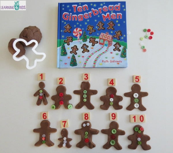 Christmas Play dough and Counting activity inspired by the story Ten Gingerbread Men by Ruth Galloway