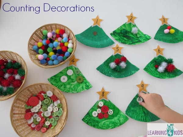 Counting decorations activity with a homemade paper plate christmas tree