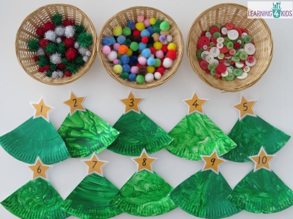 Counting decorations onto paper plate christmas trees - make this into a christmas decoration