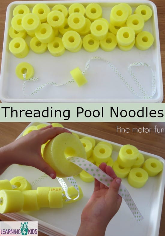 Fine motor fun - threading pool noodles