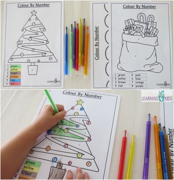 Printable (3 pages) colour by number Christmas worksheets