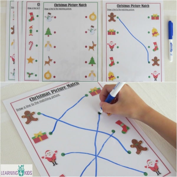 Printable (6pages) Christmas Picture Match resuable mats.  Great for fine motor